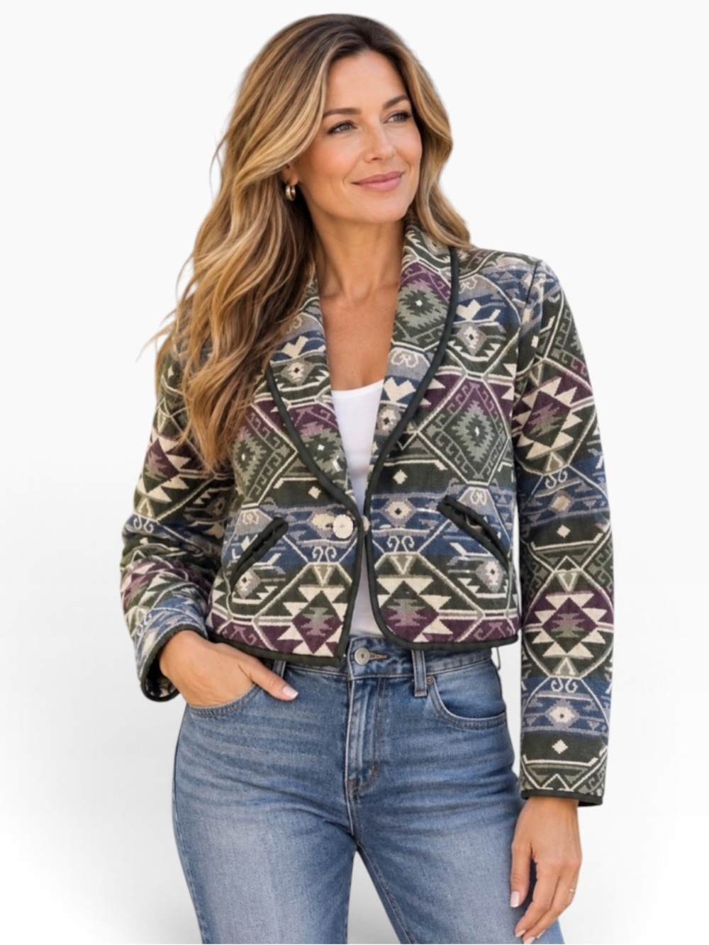 NEW IDENTITY Vintage Cropped Southwestern Country Tapestry Jacket Size M NEW